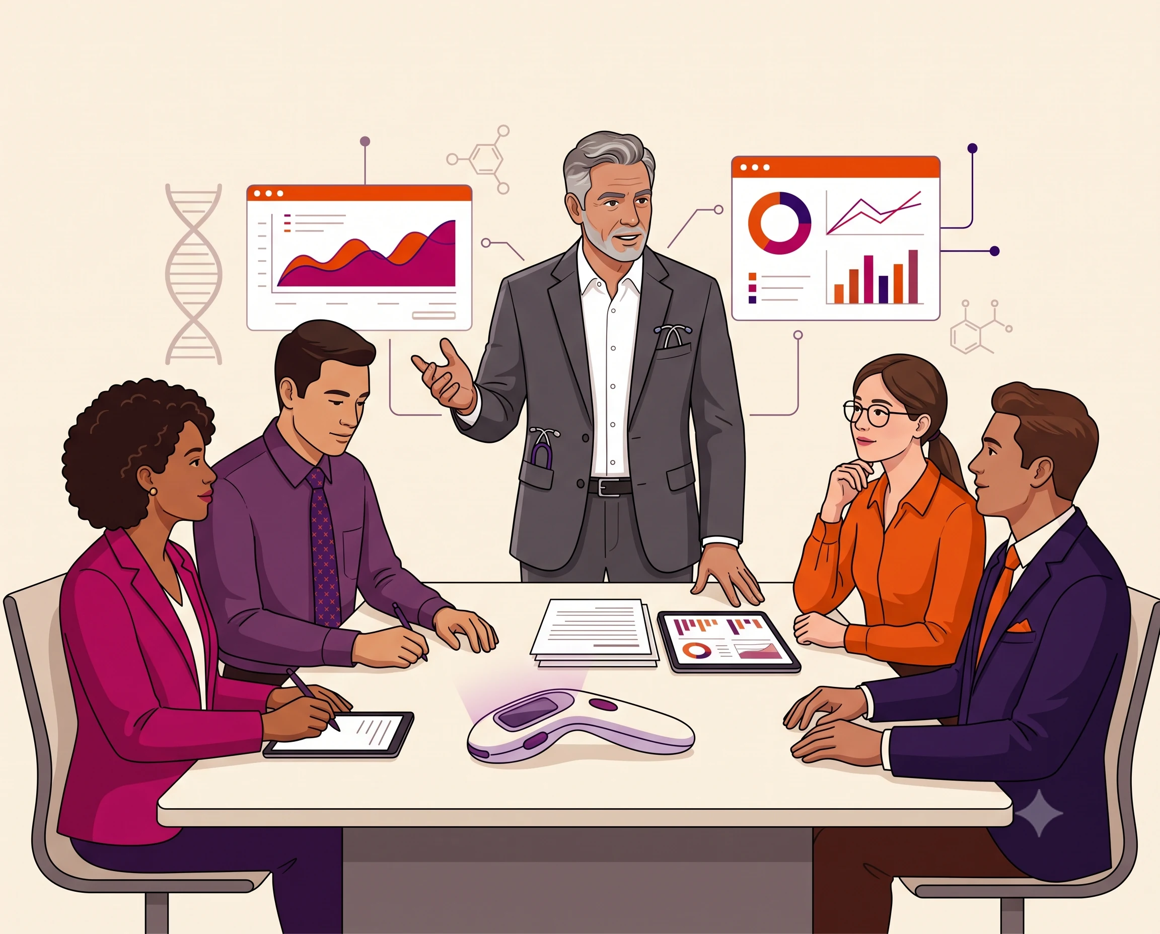 Healthcare KOL sharing evidence and insights with a professional team