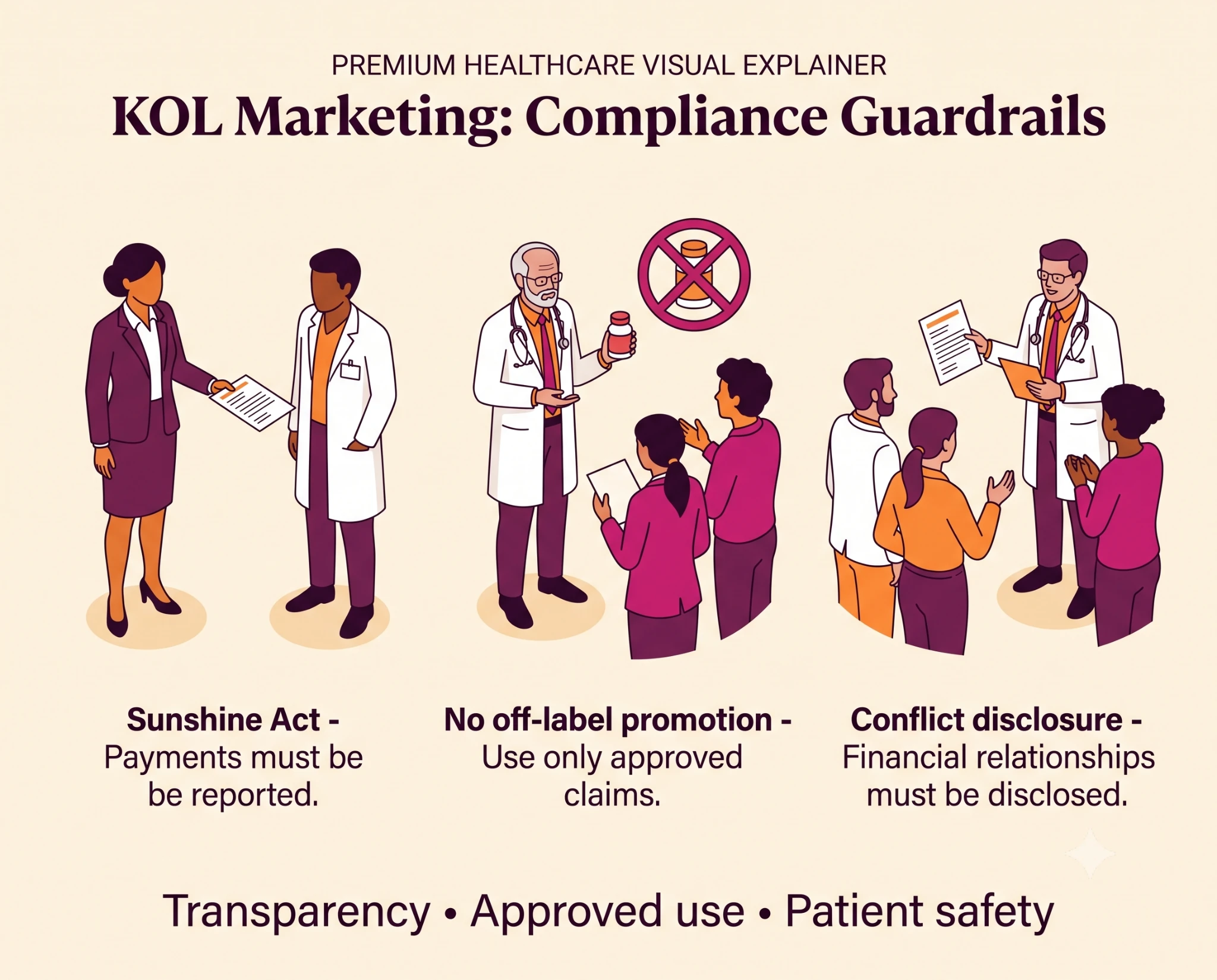 Healthcare KOL marketing compliance guardrails for transparency, approved use, and conflict disclosure