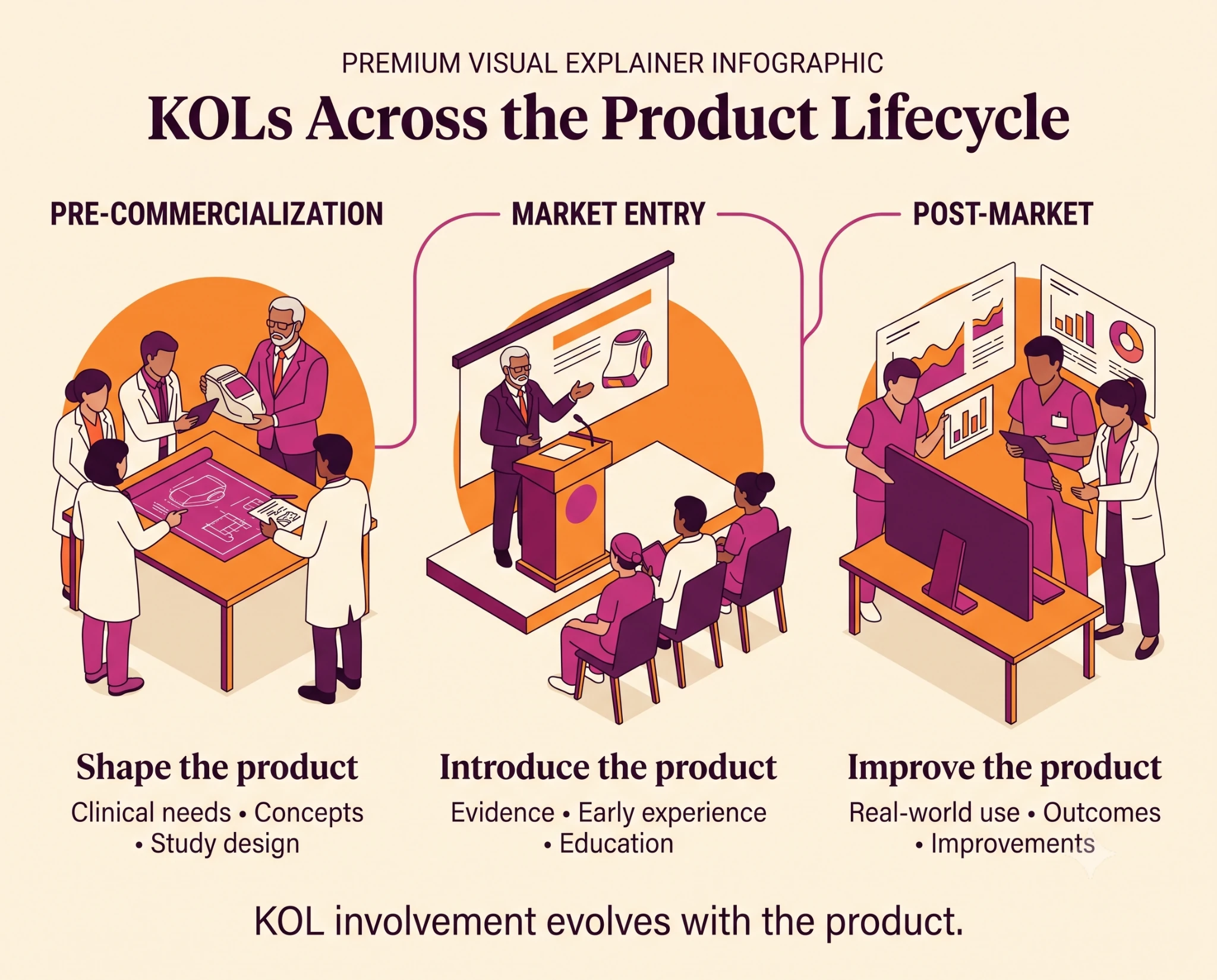 KOL roles across pre-commercialization, market entry, and post-market stages